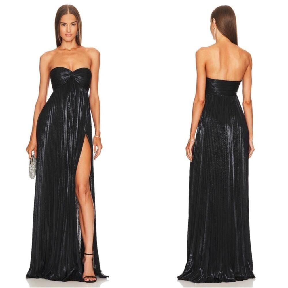 RETROFETE Zoa Strapless Metallic Lame Ruched Pleated Black Maxi Dress Size Small